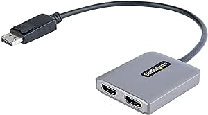 StarTech.com DP to Dual HDMI MST HUB - Dual HDMI 4K 60Hz - DisplayPort Multi Monitor Adapter with 1ft / 30cm Cable - DP 1.4 Multi Stream Transport Hub, DSC | HBR3 - DP to HDMI Splitter (MST14DP122HD)