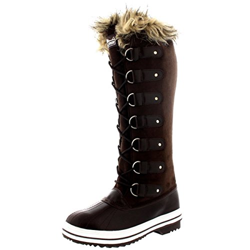 Womens Lace Up Rubber Sole Knee High Winter Snow Rain Shoe Boots