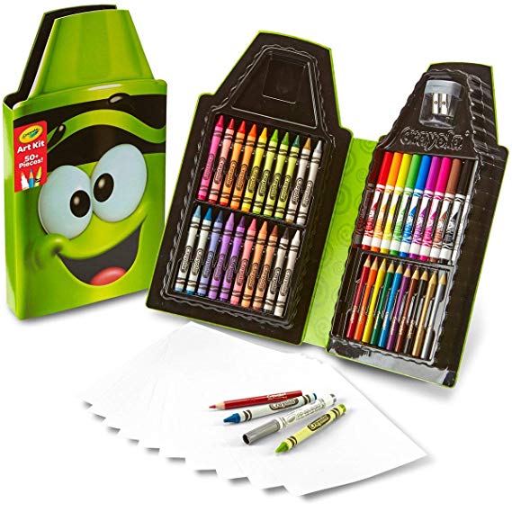 Crayola Tip 50 Piece Art Kit, Electric Lime Art Gift for Kids 5 & Up, Includes Crayons, Pip-Squeaks Markers, Colored Pencils, Paper Sheets & Dual-Purpose Sharpener In Crayola Tip Character Travel Case