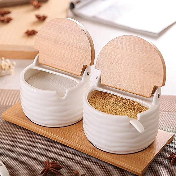 YYW Kitchen Spice Jar, Ceramic Bowl with Lids and Sugar Spoons Porcelain Condiment Container Spice Jar, Salt Cellar for Kitchen (2)