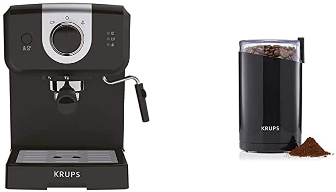 Krups XP320840 Opio Steam and Pump Coffee Machine, Black & Coffee Mill 3 oz / 85 g