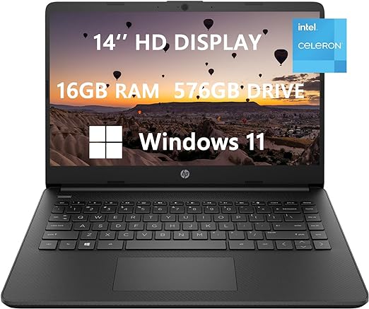 2023 Newest HP Laptops for College Student & Business, 14 inch HD Computer, Intel Celeron N4120(4-core), up to 2.60 GHz, 16GB RAM, 576GB(64GB SSD 512GB Card), HDMI, Webcam, Windows 11, ROKC HDMI Cable