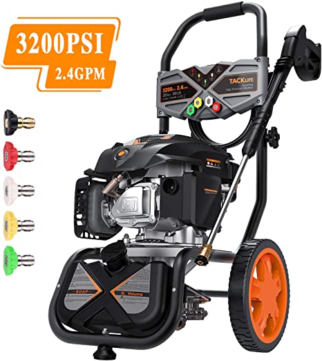 TACKLIFE Gas Pressure Washer 3200PSI at 2.4GPM 6.5 Peak HP, 5 Nozzles, 25FT Hose, Easy Move, Multiple Accessories, for Vehicle, Garden, Yard, Ground-GSH01B