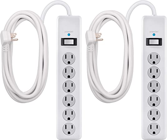 GE 6-Outlet Surge Protector, 2 Pack, 15 Ft Extension Cord, Power Strip, 800 Joules, Flat Plug, Twist-to-Close Safety Covers, UL Listed, White, 54649