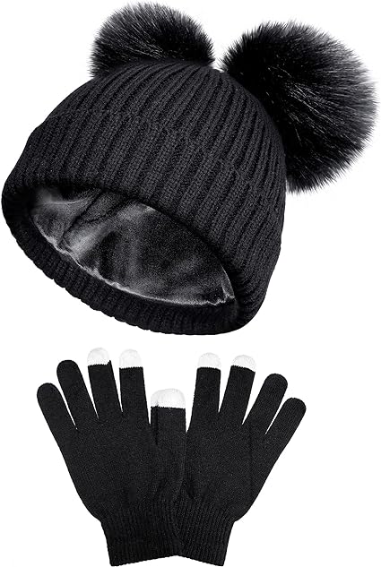 2 Pieces Satin Lined Winter Hats Women Pompon Beanies Winter Knitted Pom Hat Touchscreen Gloves Set for Women