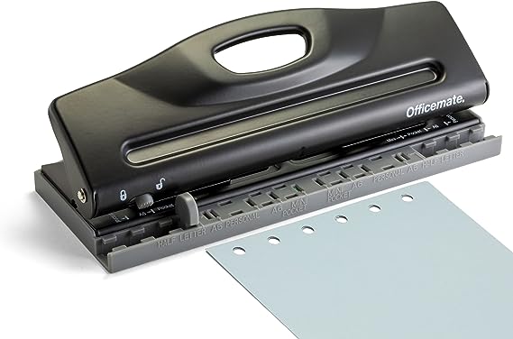 Officemate Adjustable 6-Hole Punch for Planners and Binders, 8 Sheet Capacity, Black (90160)