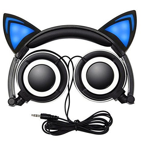 Cat Ear Headphones,SNOW WI Flashing Glowing Cosplay Fancy Cat Headphones Foldable Over-Ear Gaming Headsets Earphone with LED Flash light for iPhone 7/6S/iPad,Android Mobile Phone,Macbook (black)