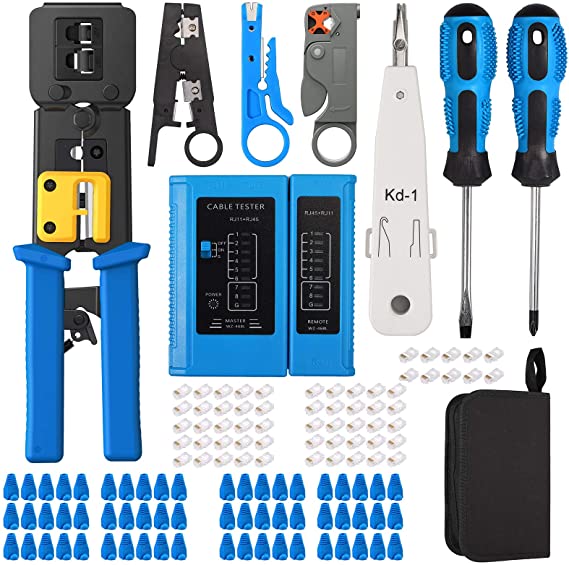 Proster RJ45 Crimping Tool Kit for RJ11/RJ12/CAT5/CAT6/Cat5e, Professional Computer Maintenacnce Lan Cable Tester Network Repair Tool Set, Wire Crimper Wire Connector Stripper Cutter