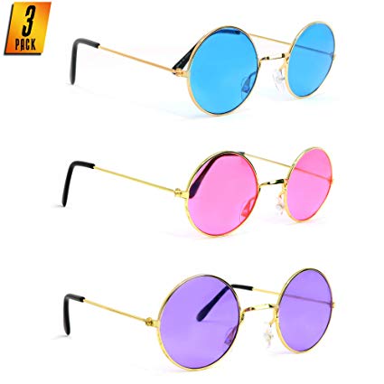 Skeleteen John Lennon Hippie Sunglasses – Pink Purple and Blue 60's Style Circle Glasses - 3 Pairs