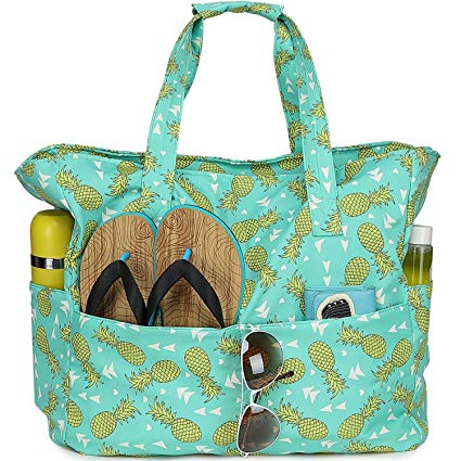 Beach Tote Pool Bags for Women Ladies Extra Large Gym Tote Carry On Bag With Wet Compartment for Weekender Travel Waterproof (Pineapple Mint Green)