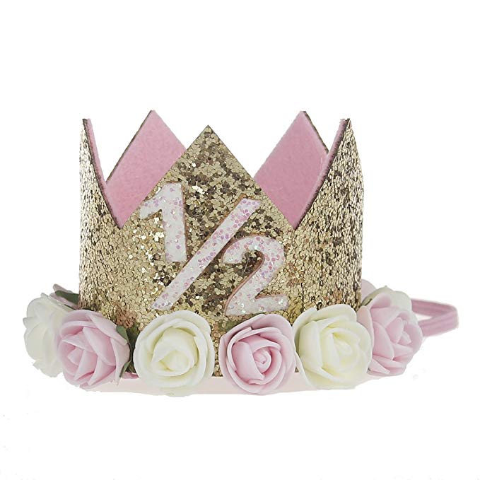 Baby Princess Crown 1" Tiara Kids First Birthday Hat Sparkle Gold Flower Design