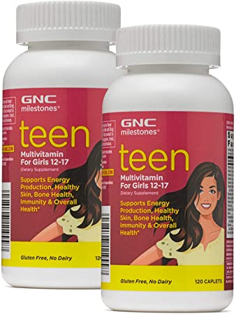GNC Milestones Teen Multivitamin for Girls 12-17, Twin Pack, 120 Caplets per Bottle, Supports Energy Production and Healthy Skin
