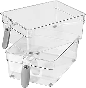 Oggi Set of 2 Storage Bins With Handles - Wide (11.75" x 6.75" x 4.25") - Ideal for Kitchen Organization, Pantry Storage, Fridge Organizing, Clear