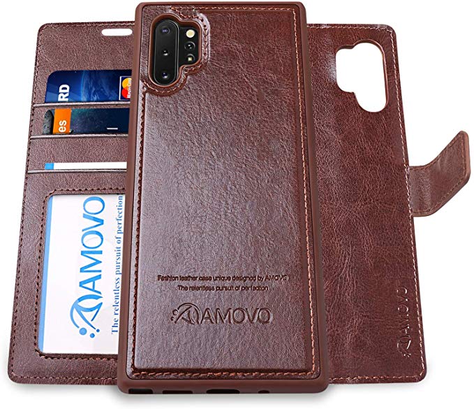 Galaxy Note 10  Wallet Case [2 in 1 Detachable] AMOVO Vegan Leather Case for Samsung Galaxy Note 10 Plus (6.8’’) [Wrist Strap] Note 10 Pro Flip Case with Gift Box Package (Note10  (6.8'') Brown)