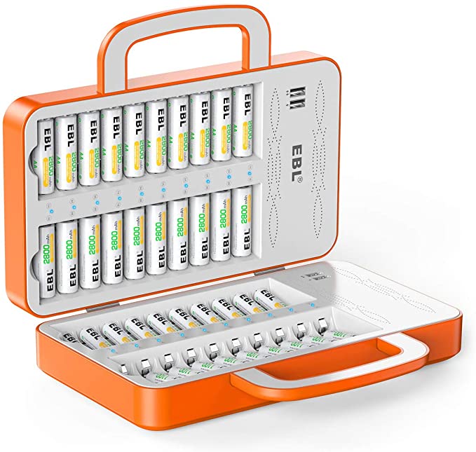 EBL 40Slot Battery Charger for 2/4/6.20/24.38/40 pcs AA AAA Rechargeable Batteries - Advanced Multiple Battery Charger with 4 USB Output for Phones and Tablet - Handle Design, Vitality Orange