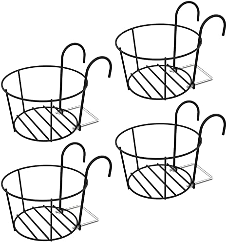 Hanging Railing Planter Iron 8 Inch Adjustable Back Support Art Hanging Baskets Flower Pot Holder Hanger Metal Fence Rail Fence Planters Assemble for Balcony Porch Patio (4-Pack)