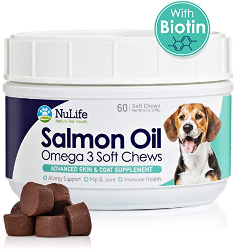 NuLife Natural Pet Health Dog Salmon Oil Treats, Omega 3 for Dogs Chews Rich in EPA   DHA Fatty Acids, with Biotin for Healthy Skin & Shiny Coat, Fish Oil Treats for Dry & Itchy Skin, 60 Count