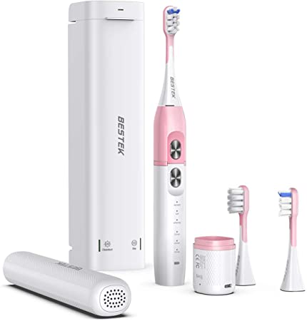 BESTEK Electric Toothbrush with UV Sanitizer Box Sonic Power Whitening Toothbrush with 3 Modes,Smart Timer and Wireless Charging Travel Case,3 Brush Heads,Pink