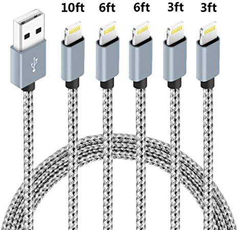 5Pack (3ft,3ft,6ft,6ft,10ft) Nylon Braided Charging Cord Charger Compatible with PhoneX/8/8Plus 7/7 Plus/6s/6s Plus/6/6 Plus/5s/55se,Pad,Pod-Grey
