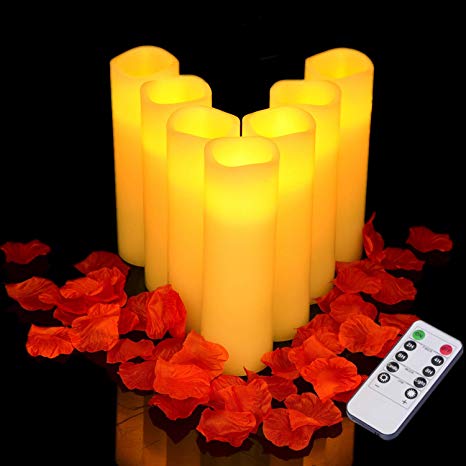 Flameless Candles Flickering LED Candle Set of 7(Lucky 7. H:7", D:2.2") Ivory Real Wax Pillar Battery Operated Candles with 10-Key Remote. Bathroom, Kitchen, Home Decoration. Reusable LED Candles