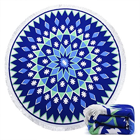 Indian Mandala Microfiber Large Round Beach Blanket with Tassels Ultra Soft Super Water Absorbent Multi-Purpose Towel 59 inch across (NO.5)