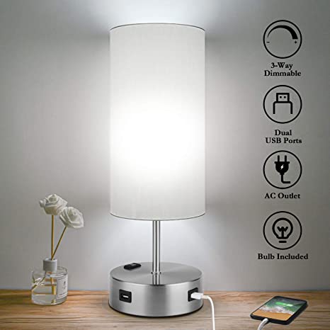 3-Way Dimmable Touch Control Table Lamps with 2 USB, AC Outlet and E26 60W 5000K Daylight White Edison Bulbs Included, Perfect for Living Room Office Reading, Silver