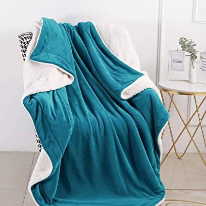 CozyLux Sherpa Fleece Blanket Throw Size Teal 50" x 60" Soft Lightweight Fuzzy Reversible Throws Cozy Warm Thick Plush Blankets Luxury Microfiber Bed Blanket for Travel Camping Couch Sofa Chair