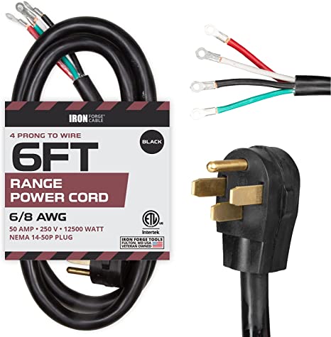 4 Prong Range Cord, 6 Foot - Heavy Duty 6/8 AWG 50 Amp Power Cable, NEMA 14-50P Plug to 4 Wire