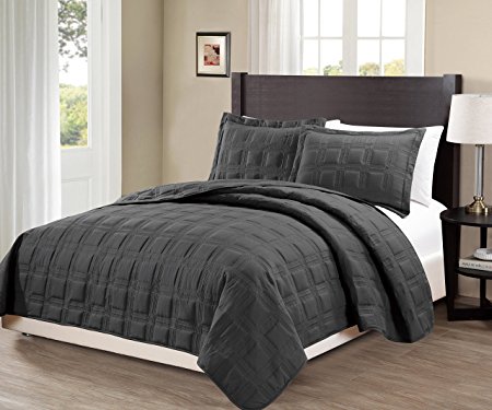 Mk Collection King/California king over size 118"x106" 3 pc Target Bedspread Bed-cover Quilted Embroidery solid Dark Grey/Charcoal New