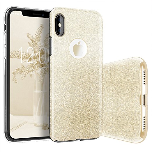 iPhone X Case, BASSTOP Luxury Bling Crystal Glitter Sparkle Phone Case Detachable 3 Layers Shockproof Hard PC Back Soft TPU Inner Shining Case for Apple iPhone X,iPhone 10 (Gold)