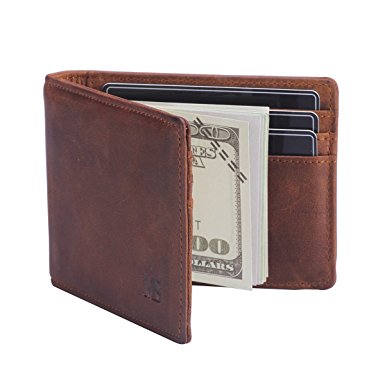 Win&Income RFID Blocking Slim Wallet with Money Clip,Genuine Leather Bifold Thin Minimalist Front Pocket Wallets for Men