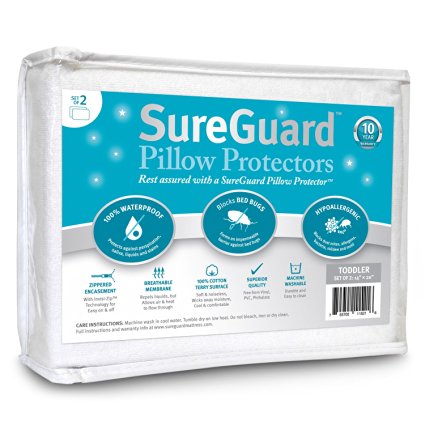 Set of 2 Toddler/Travel Size SureGuard Pillow Protectors - 100% Waterproof, Bed Bug Proof, Hypoallergenic - Premium Zippered Cotton Terry Covers - 10 Year Warranty