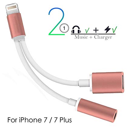 2 in 1 Lightning iPhone 7 Adapter & Splitter, Lightning Adapter Charger, Lightning to 3.5mm AUX Headphone Jack Audio Adapter iPhone 7/7 Plus (Rose Gold)