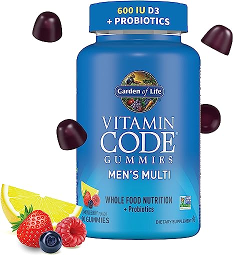 Garden of Life Men’s Multivitamin Gummy:Vitamins C,D,E,B&Zinc for Energy,Stamina & Stress,Probiotics for Digestive & Immune Health,Vitamin Code,Non-GMO,Gluten-Free,90 Lemon Berry Gummies, 30 Day Count