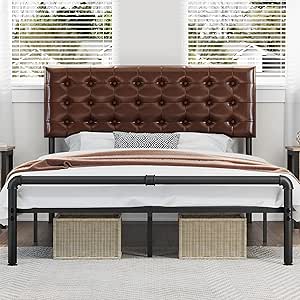 Yaheetech Queen Bed Frame Metal Platform Bed with Faux Leather Height-Adjustable Headboard, 12 Inch Underbed Storage/Noise Free/No Box Spring Needed/Industrial Pipe Foot End, Elegant Brown Queen Bed