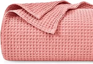 PHF 100% Cotton Waffle Weave Blanket King Size 104" x 90"-Lightweight Washed Soft Breathable Blanket Perfect for Summer - Great Blanket Layer for Couch Bed Sofa - Coral