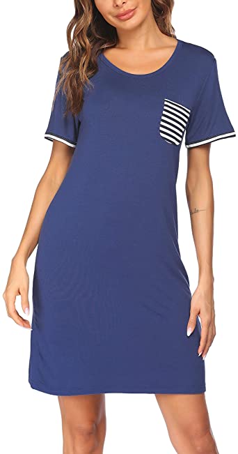Ekouaer Nightgowns for Women Sleepshirt Short Sleeve Pajama Shirt Soft Sleep Dress Striped Pocket Loungewear Nightshirt