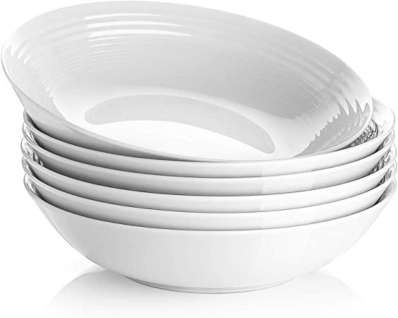 Y YHY Salad Bowls Set of 6, 26 Ounces Large Serving Bowls with Spiral Pattern, White Pasta Bowls, Soup Bowl Set