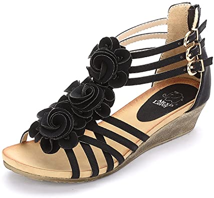 Alexis Leroy Women's Summer T-Straps Buckle Design Fashion Wedge Heel Sandals