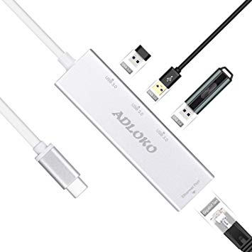 For MacBook, MacBook Pro 2016, ChromeBook, XPS and More Device, USB C to Ethernet adapter, ADLOKO 3-Port USB-C to USB 3.0 Aluminum Portable Data Hub, with 10/100/1000 Mbps,1 Gigabit Network Adapter