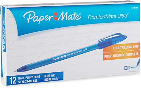 Paper Mate Comfortmate Stick Medium Point Ballpoint Pens, 12 Blue Ink Pens (6110187)