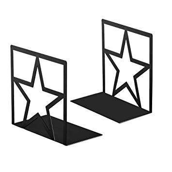 Book Ends, Bookends for Shelves, Metal Bookends Heavy Duty , Elegant and Simple Star Desgin Book End for Office, School, Bookend Supports Black 1 Pair, Book Stoppers Decorative for CDs, Books, Movies