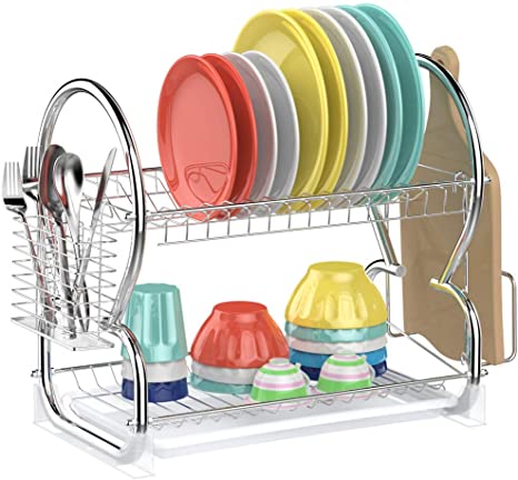 Dish Drying Rack,Ace Teah 2 Tier Dish Drainer with Utensil Holder Stainless Steel Dish Rack,Silver