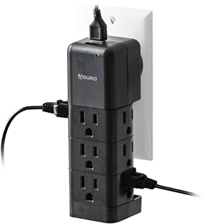 Aduro Surge Protector 9 Outlet Power Strip with USB (2 Ports 2.4A) Wall Mount Multiple Outlet Splitter Extender Adapter Black