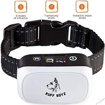 RUFF BOYZ New2019 Humane Bark Collar for Small Medium Large Dogs - Rechargeable Dog Bark Collar - 3 Modes of Influence on The Dog Sound Warning Vibration Static Shock