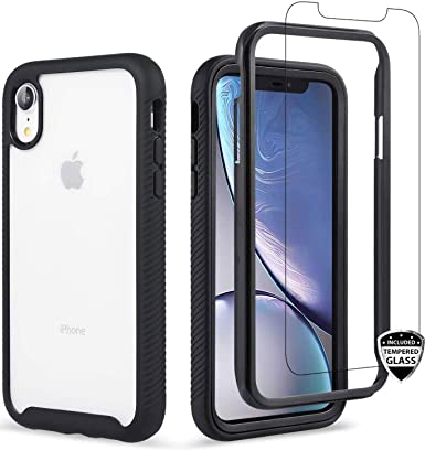 iPhone XR Case,Screen Protector,DICHEER Hybrid Anti Slip 2 in 1 Heavy Duty Shockproof Full Body Protective Case Clear Acrylic Back with Reinforced Soft Bumper Cover Case for iPhone XR 6.1 inch