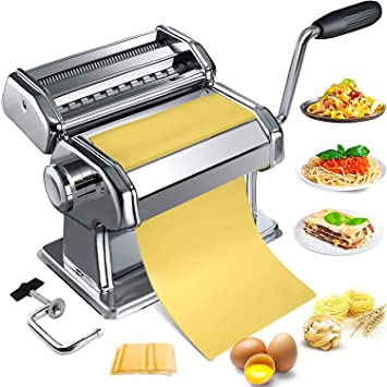OFFTESTY Pasta Maker Machine, Homemade Stainless Steel Manual Roller Pasta Maker With Adjustable Thickness Settings Sturdy Noodles Cutter with Clamp for Spaghetti, Fettuccini, Lasagna Dumpling Skins