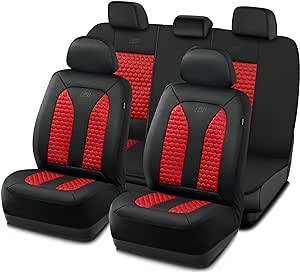 Skechers Memory Foam™ Car Seat Cover Full Sets, Hexcomb Breathable Thick Seat Covers, Airbag Compatible, Automotive Comfort & Protection for Most Cars,Van,Trucks, SUVs (Red,Full Set)