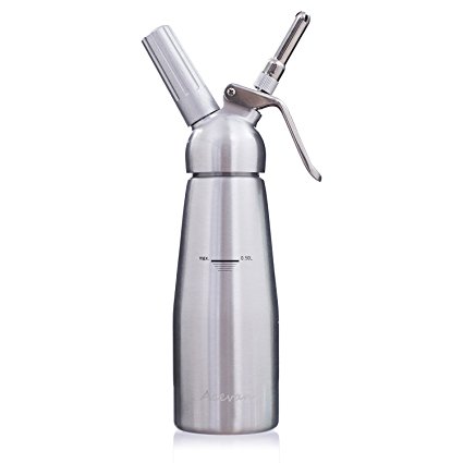 Acevan Professional Aluminum Whipped Cream Dispenser / Cream Whipper 500 ml - with 3 Stainless Steel Decorating Nozzles and Brush Set - Uses Standard N20 Cartridges (not included)