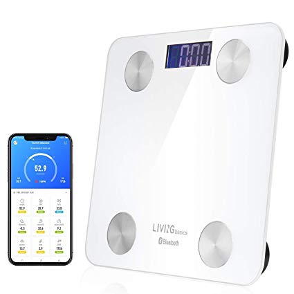 LIVINGbasics Multifunction Bluetooth Body Fat Scale, Smart BMI Scale Digital Bathroom Wireless Weight Scale, Body Composition Analyzer with Smartphone App, 396 lbs, White